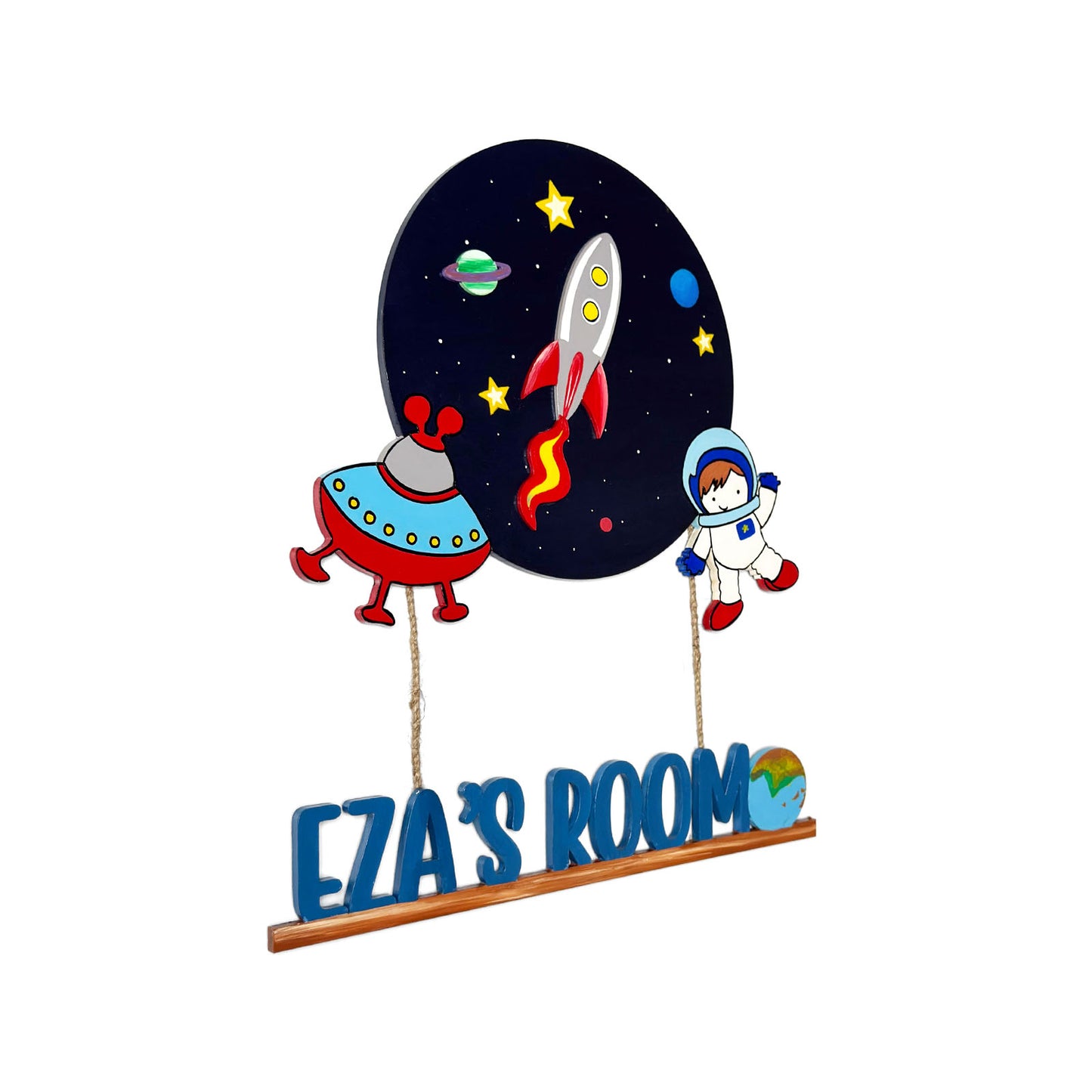 Space Themed Hand-Painted Wooden Kids Name Plate