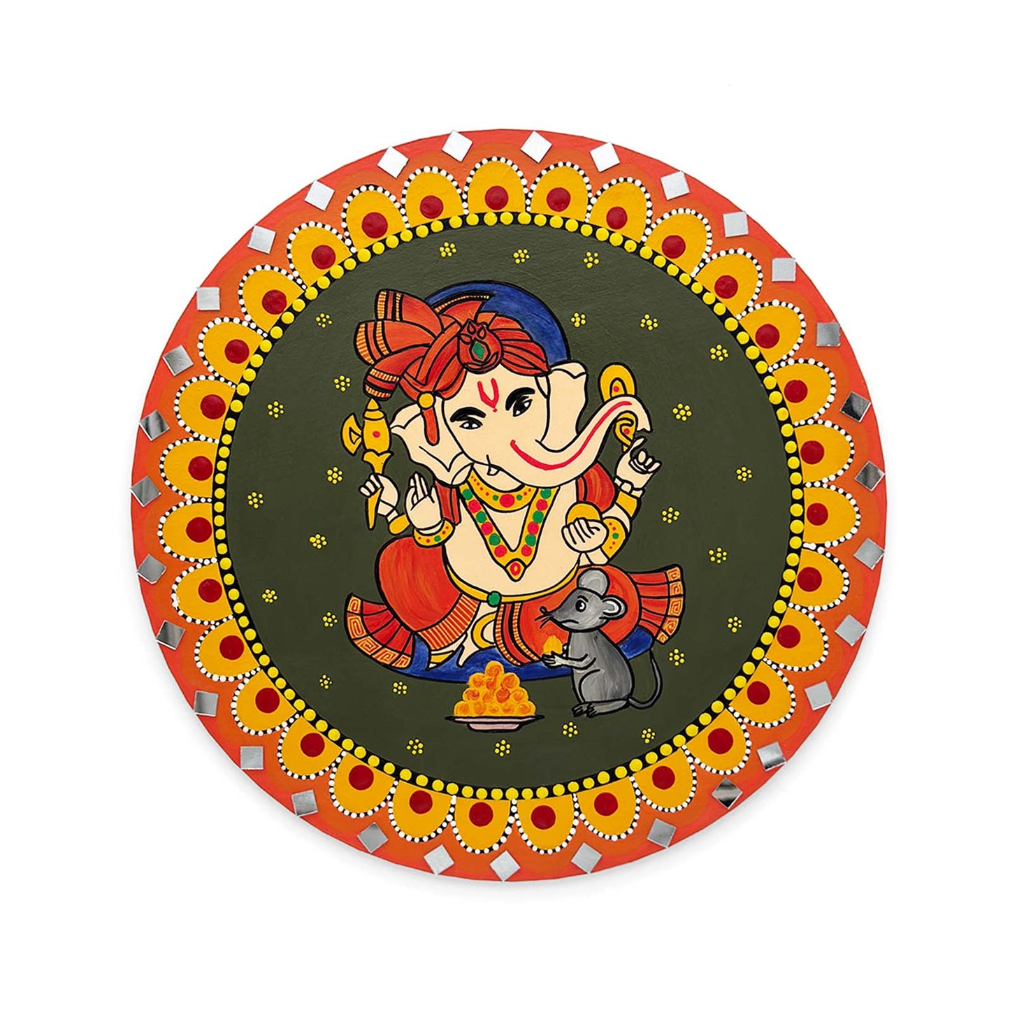 Ganesha Hand-Painted Wooden Mandala Wall Hanging - Green