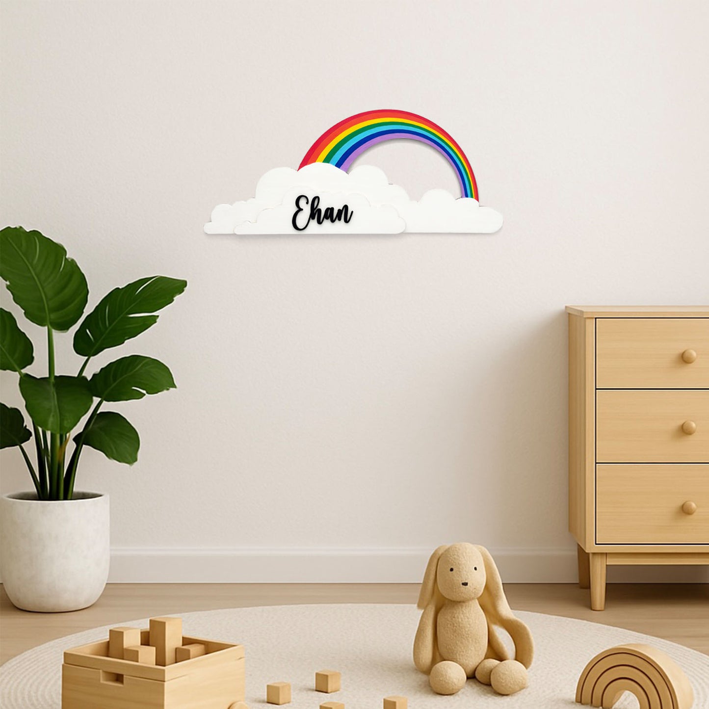 Rainbow Themed Hand-Painted Wooden Kids Name Plate - Design 2