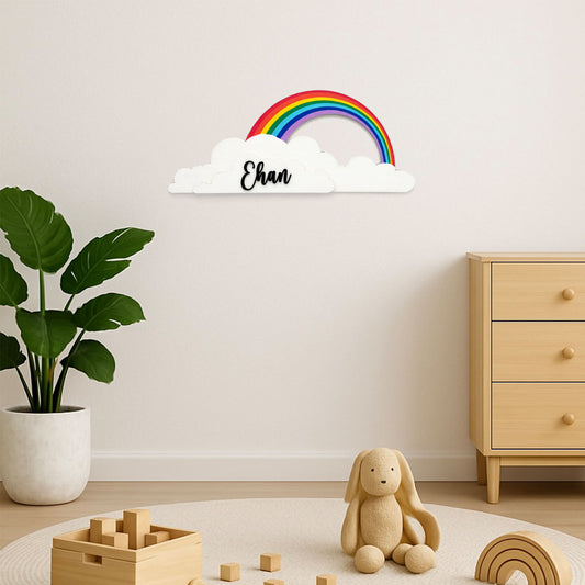 Rainbow Themed Hand-Painted Wooden Kids Name Plate - Design 2