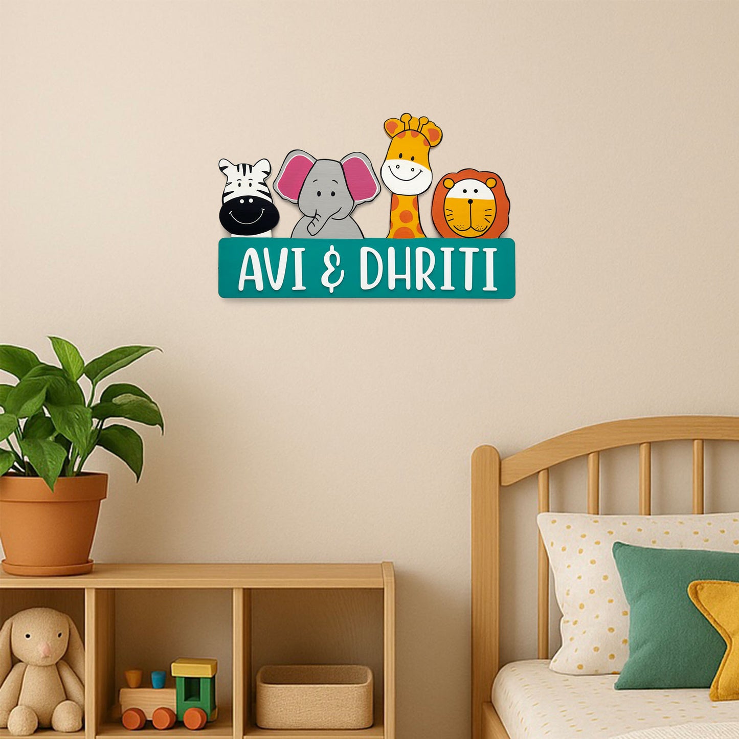Animal Themed Hand-Painted Wooden Kids Name Plate - Teal