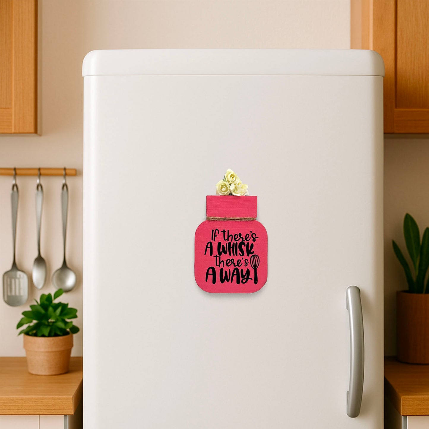 If There's A Whisk There's A Way Hand-Painted Wooden Mason Jar Fridge Magnet - Pink