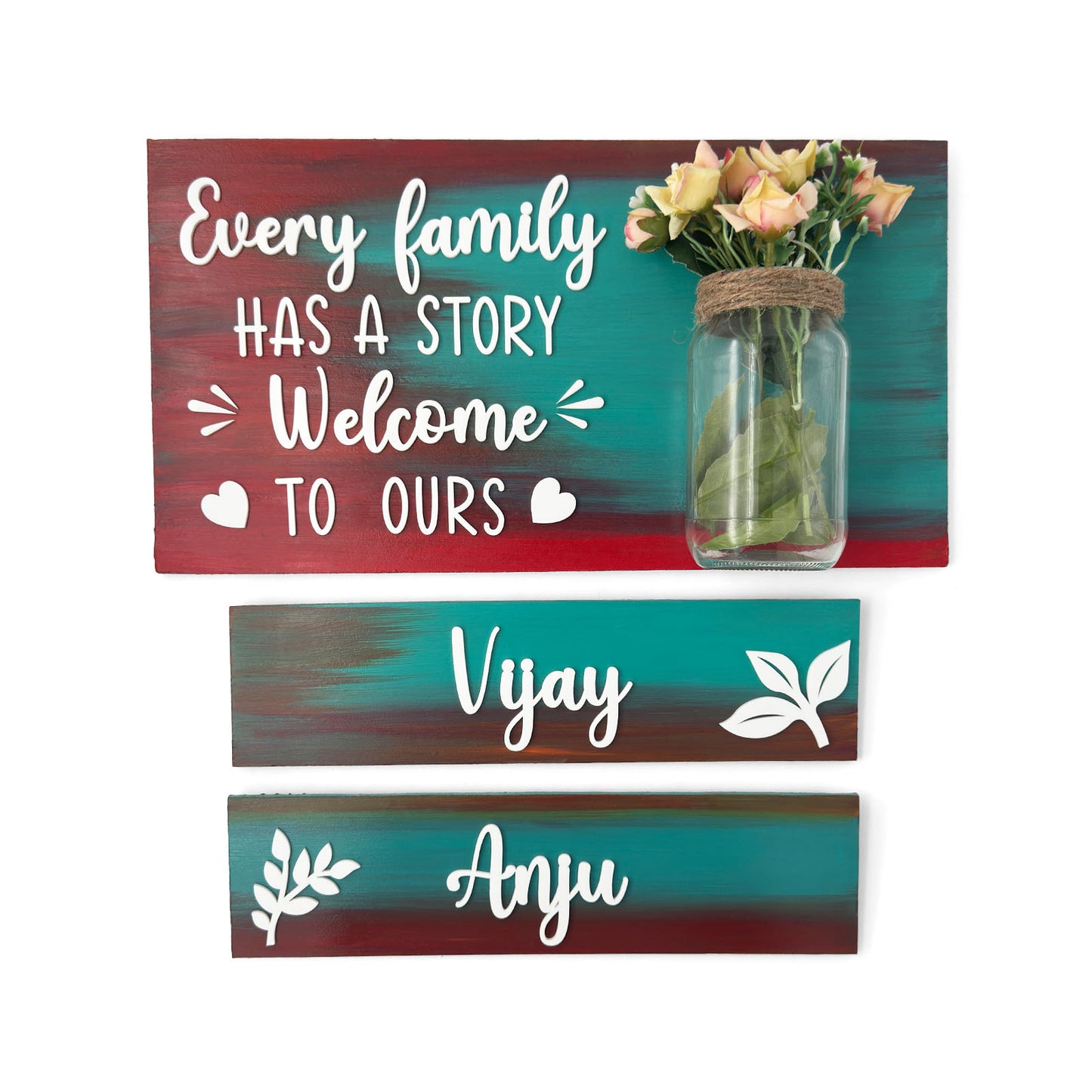 Every Family Has A Story Welcome To Ours Hand-Painted Wooden Name Plate With Jar For Home - Jar Board & Two Planks