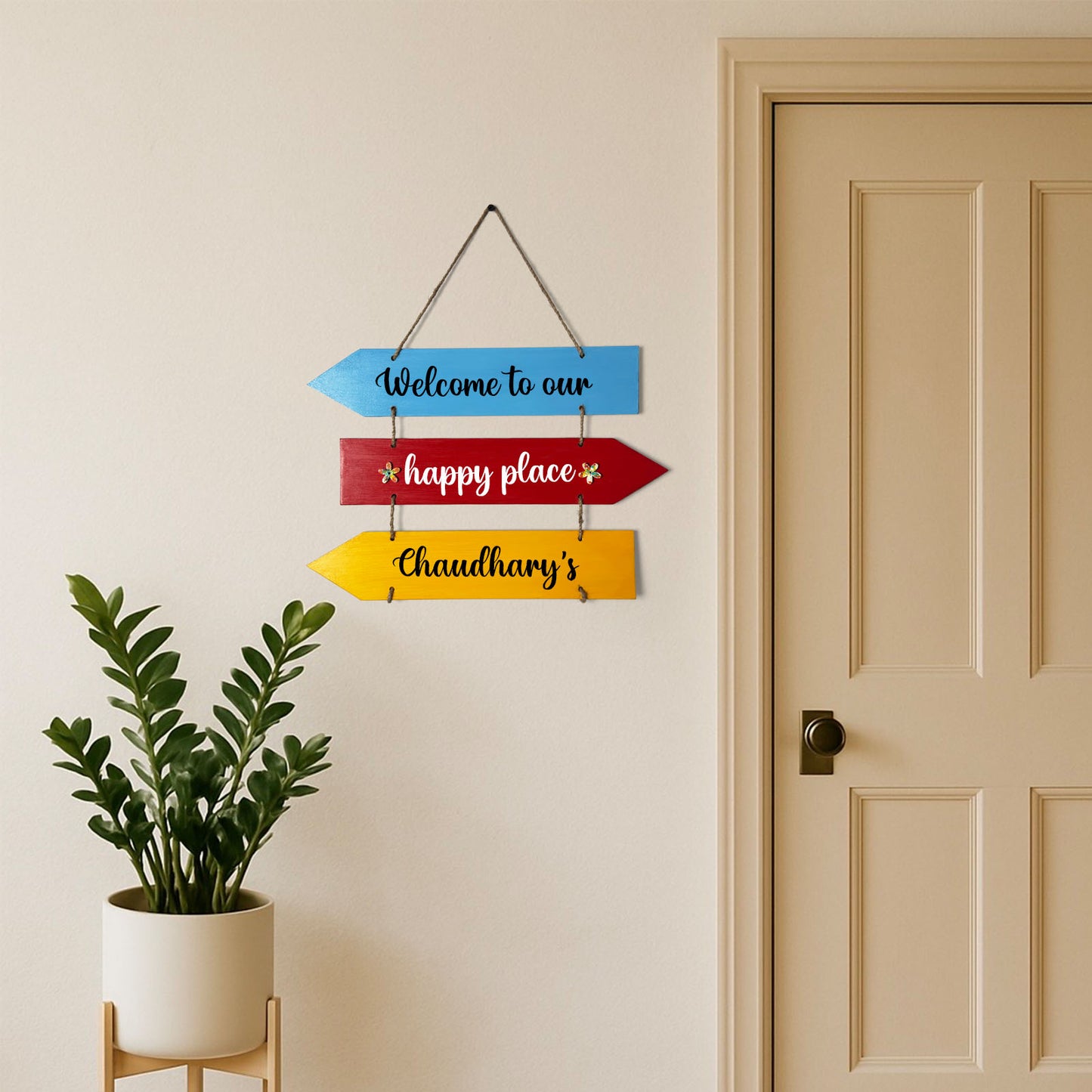 Welcome To Our Happy Place Hand-Painted Wooden Arrow Plank Name Plate For Home - Three Planks