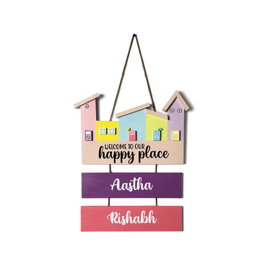 Hut-Shaped Hand-Painted Wooden Name Plate For Home - Hut Board & Two Planks Design 2