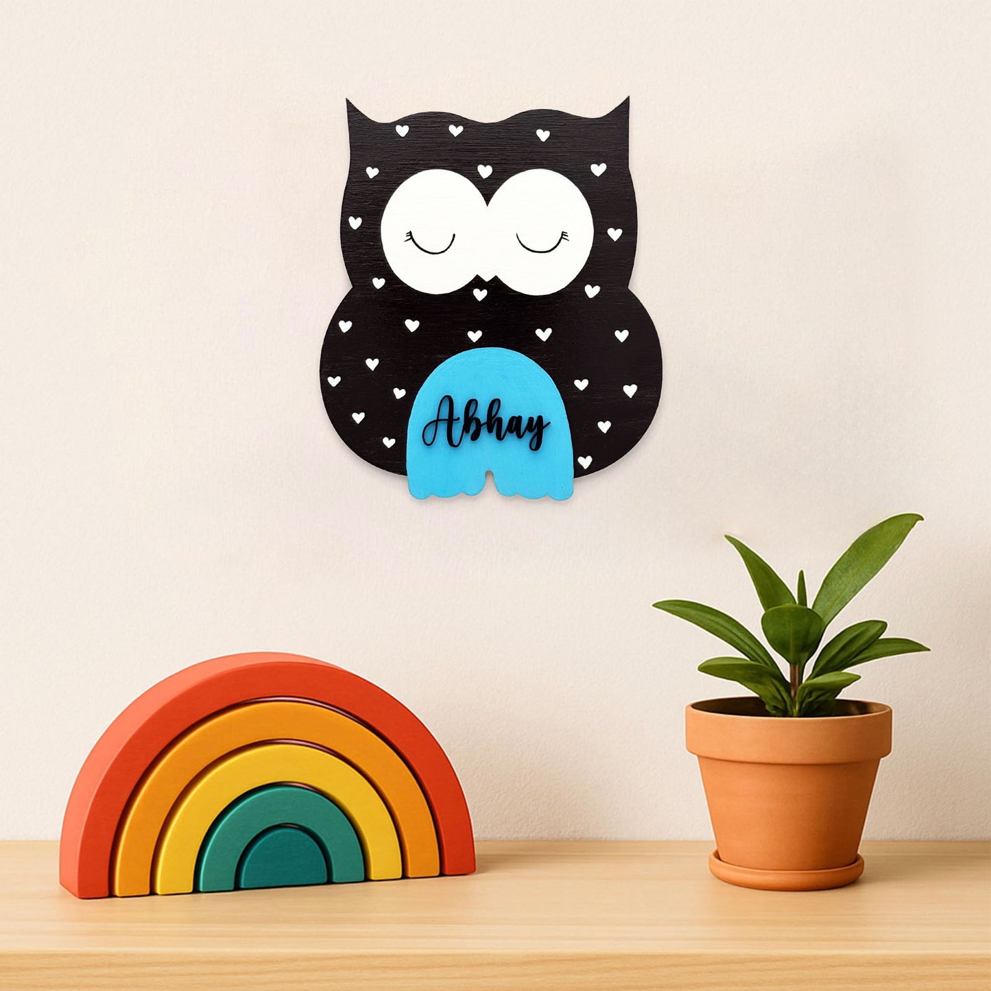Owl Themed Hand-Painted Wooden Kids Name Plate - Plum