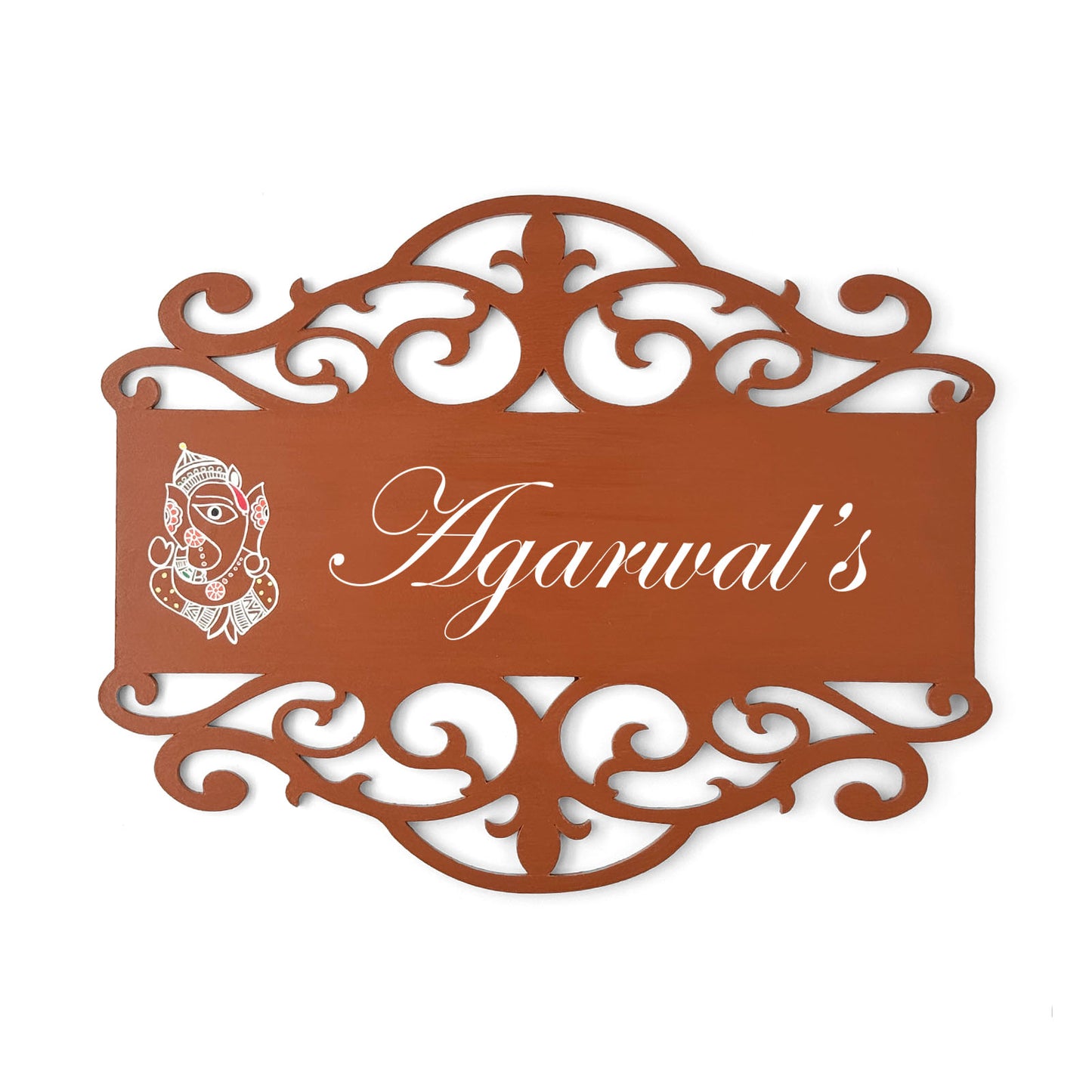 Ganesha Artwork Hand-Painted Wooden Madhubani Name Plate For Home