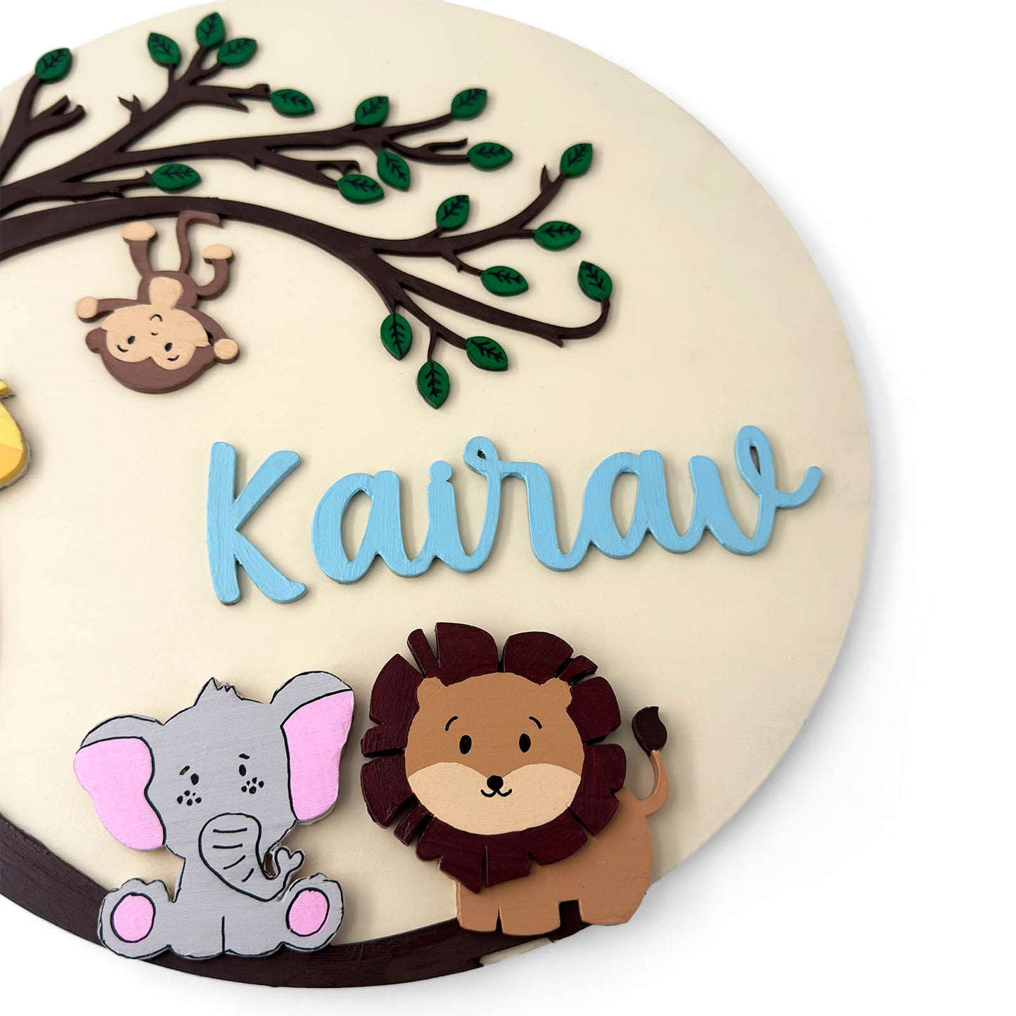 Animal Themed Hand-Painted Wooden Round Kids Name Plate - Design 8