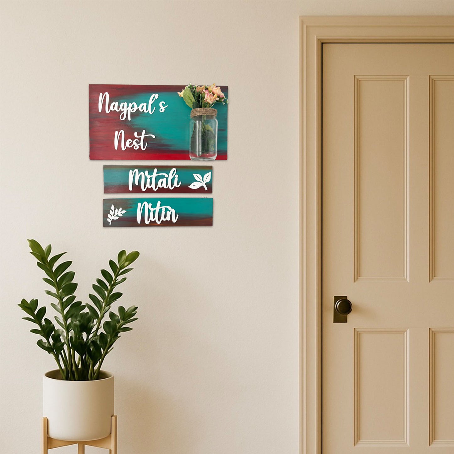 Hand-Painted Wooden Name Plate With Jar For Home - Jar Board & Two Planks