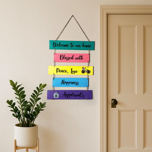 Welcome To Our Home Blessed With Peace, Love, & Happiness Hand-Painted Wooden Plank Name Plate For Home