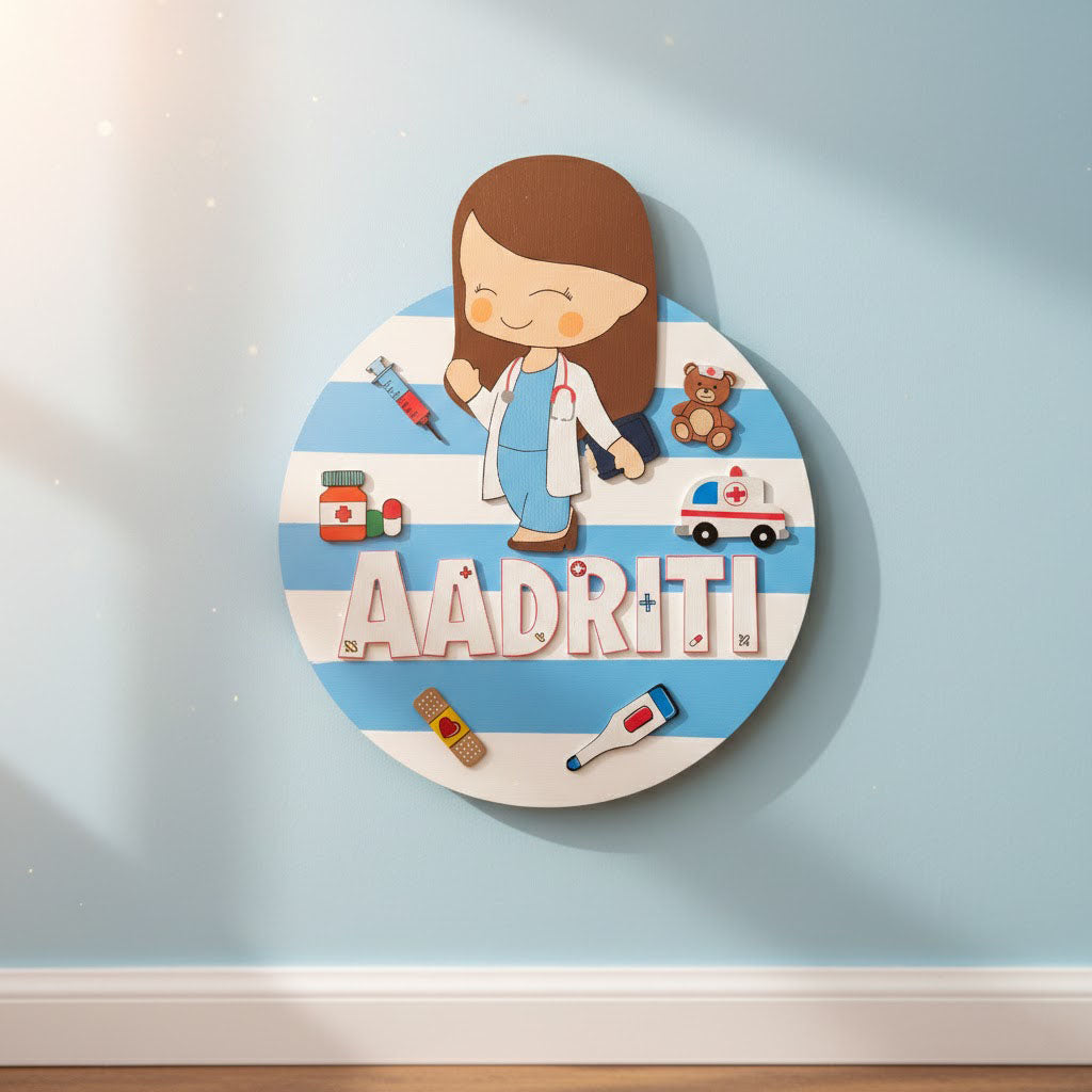 Doctor Themed Hand-Painted Wooden Round Kids Name Plate - Design 1