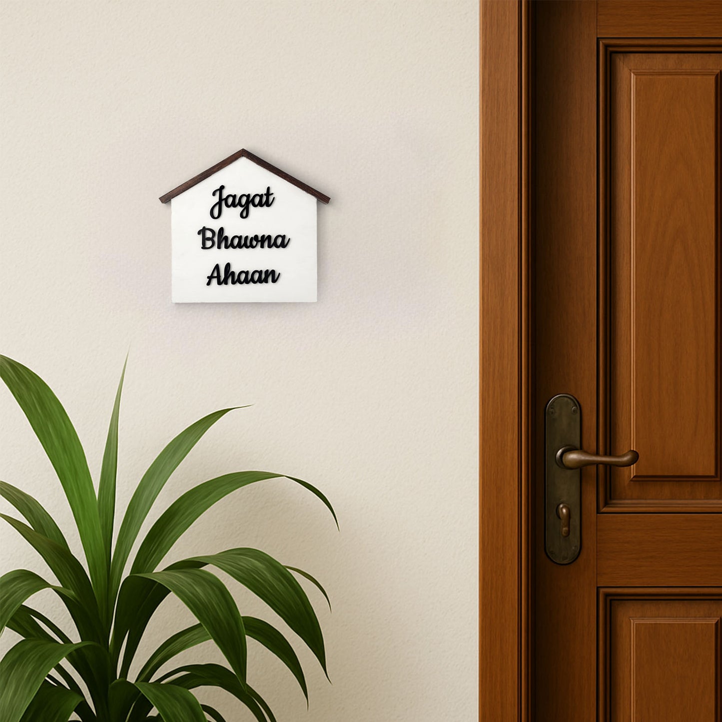 Hut Shaped Hand-Painted Wooden Name Plate For Home - White