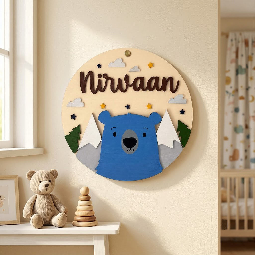 Blue Bear Themed Hand-Painted Wooden Round Kids Name Plate - Design 1
