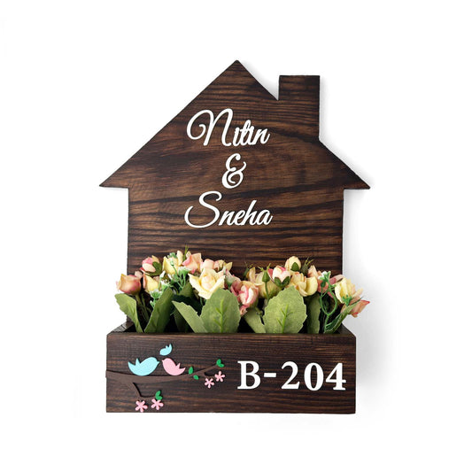 Hut-Shaped Hand-Painted Wooden Planter Name Plate For Home - Wooden Finish