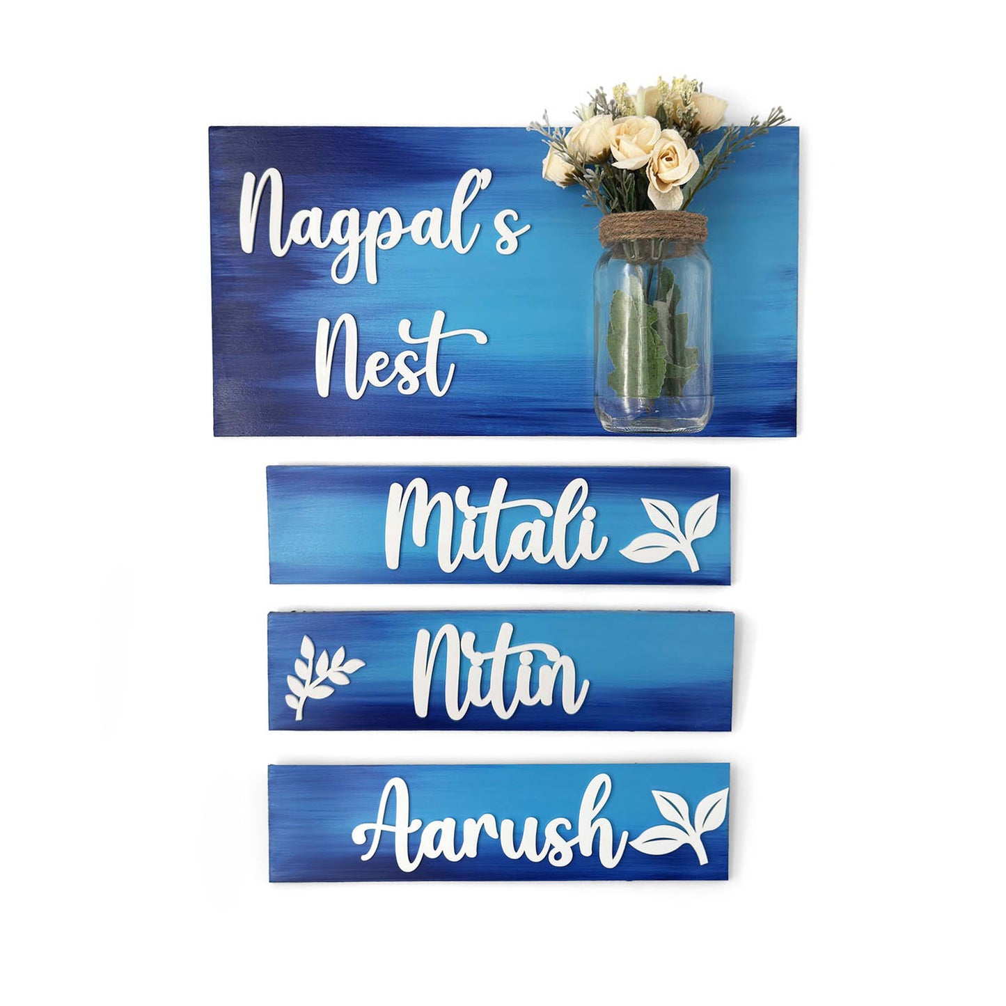 Hand-Painted Wooden Name Plate With Jar For Home - Jar Board & Three Planks