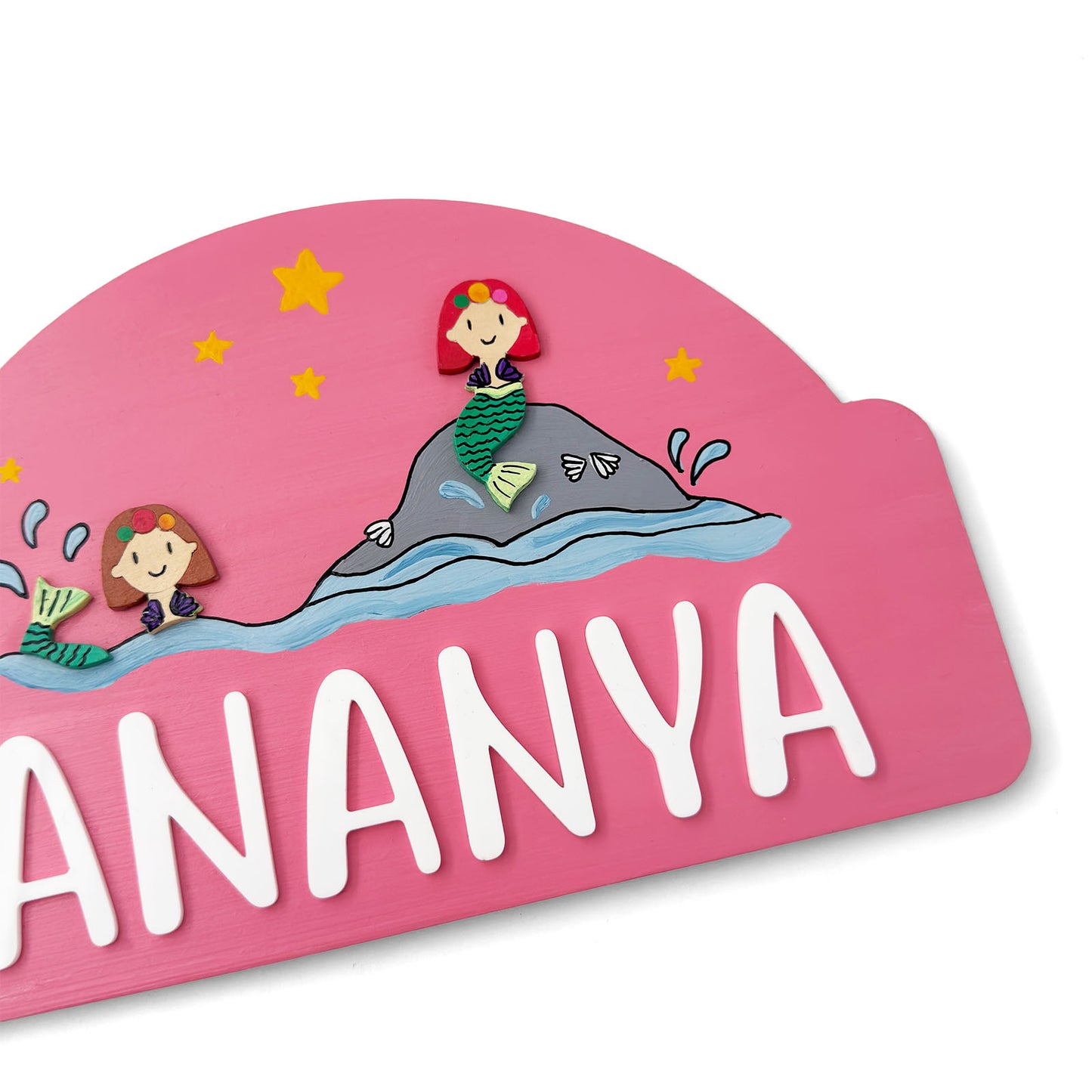 Mermaid Themed Hand-Painted Wooden Arch-Shaped Kids Name Plate