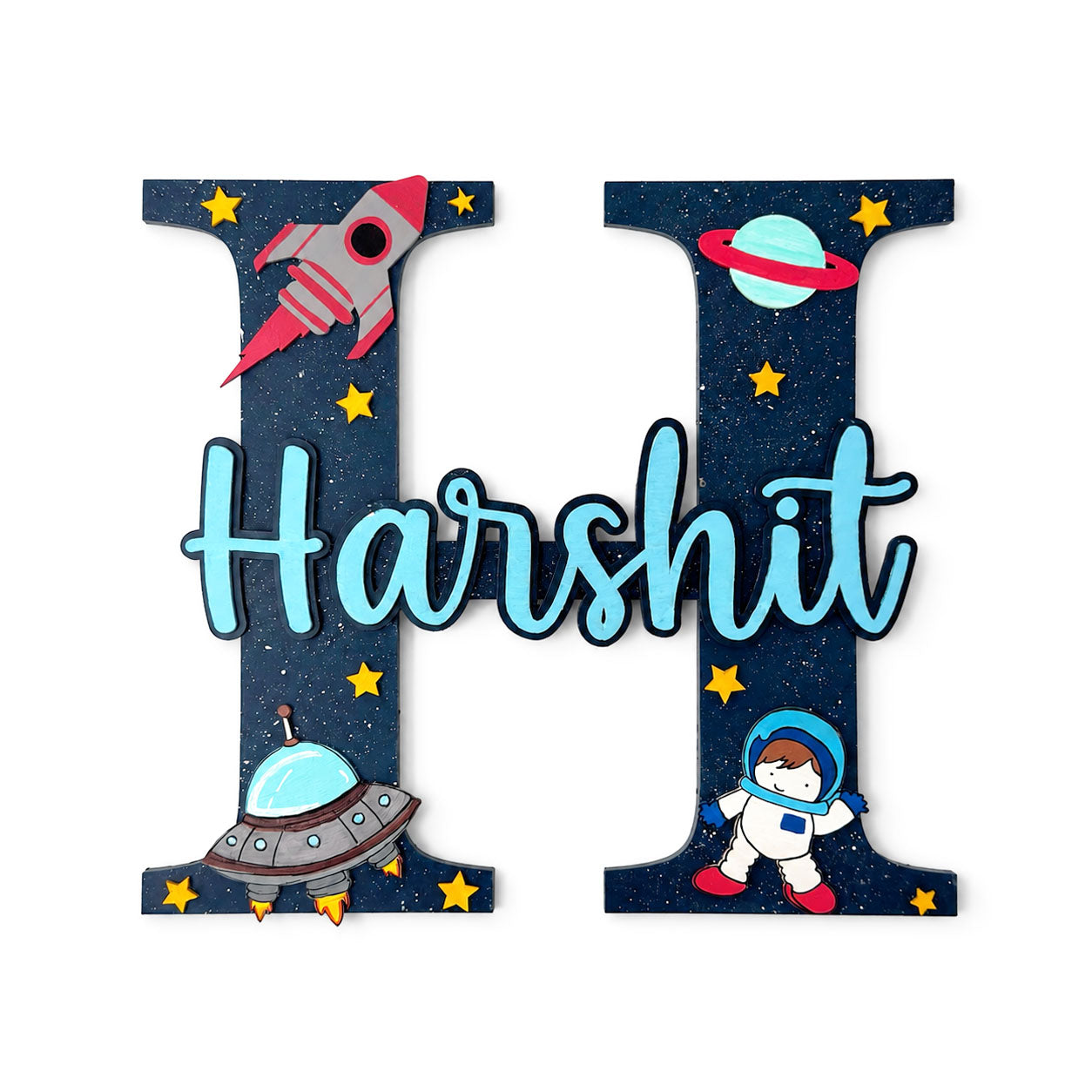 Space Themed Layered Alphabet Initial Hand-Painted Wooden Kids Name Plate - Design 1
