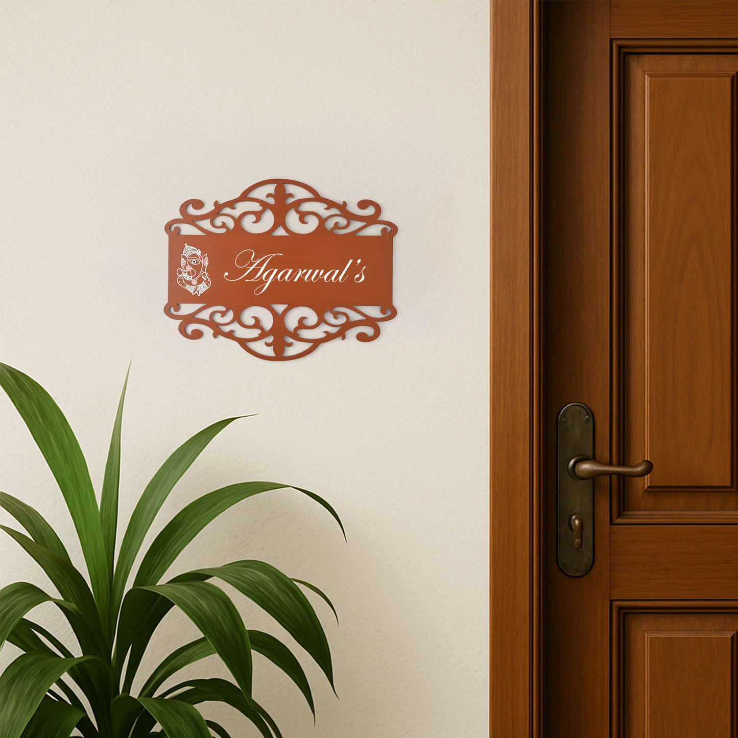 Ganesha Artwork Hand-Painted Wooden Madhubani Name Plate For Home