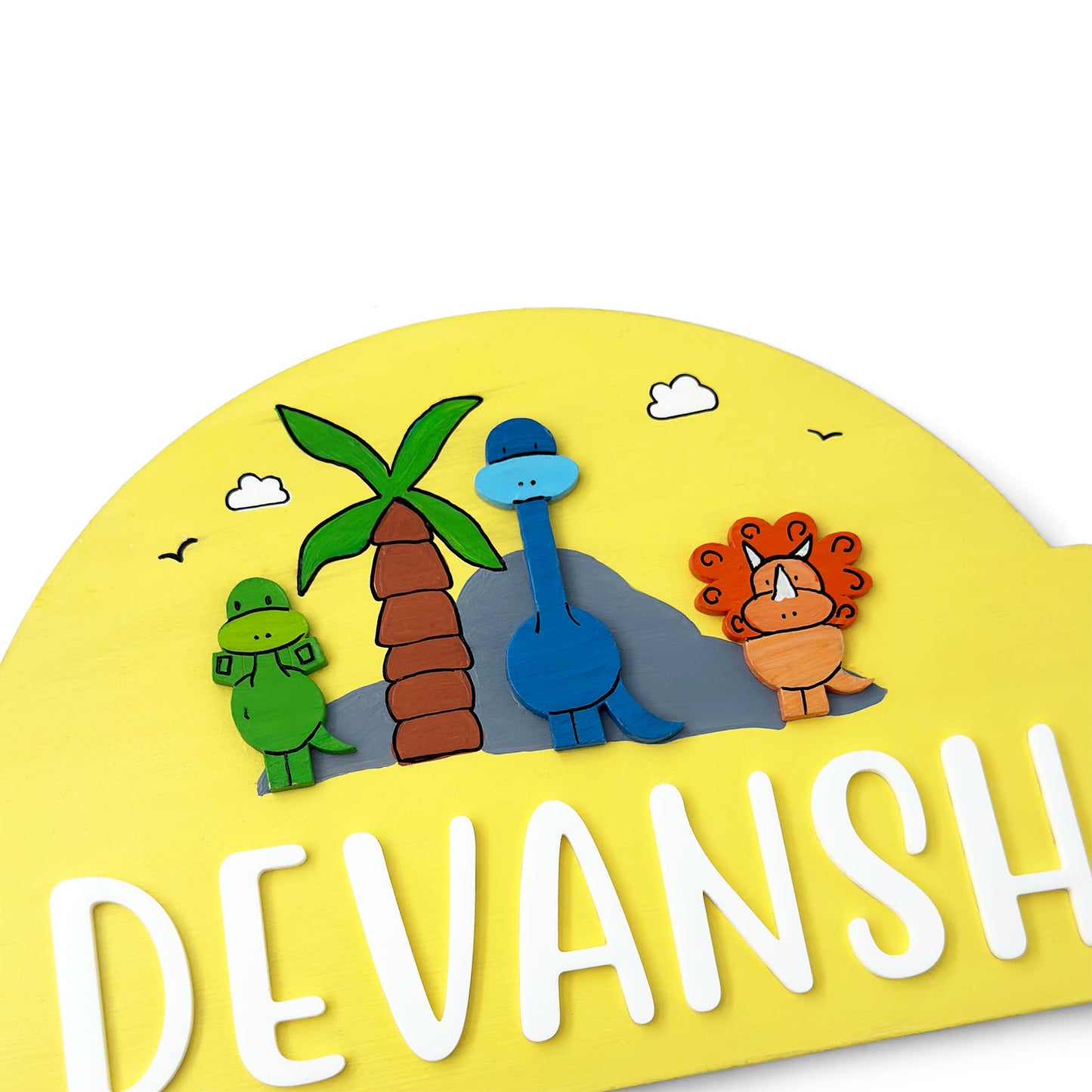 Dinosaur Themed Hand-Painted Wooden Arch-Shaped Kids Name Plate