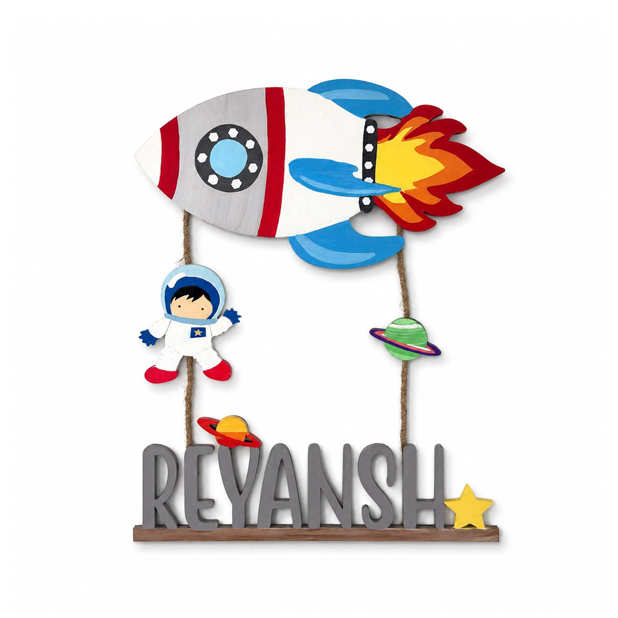 Rocket Themed Hand-Painted Wooden Kids Name Plate - Design 1