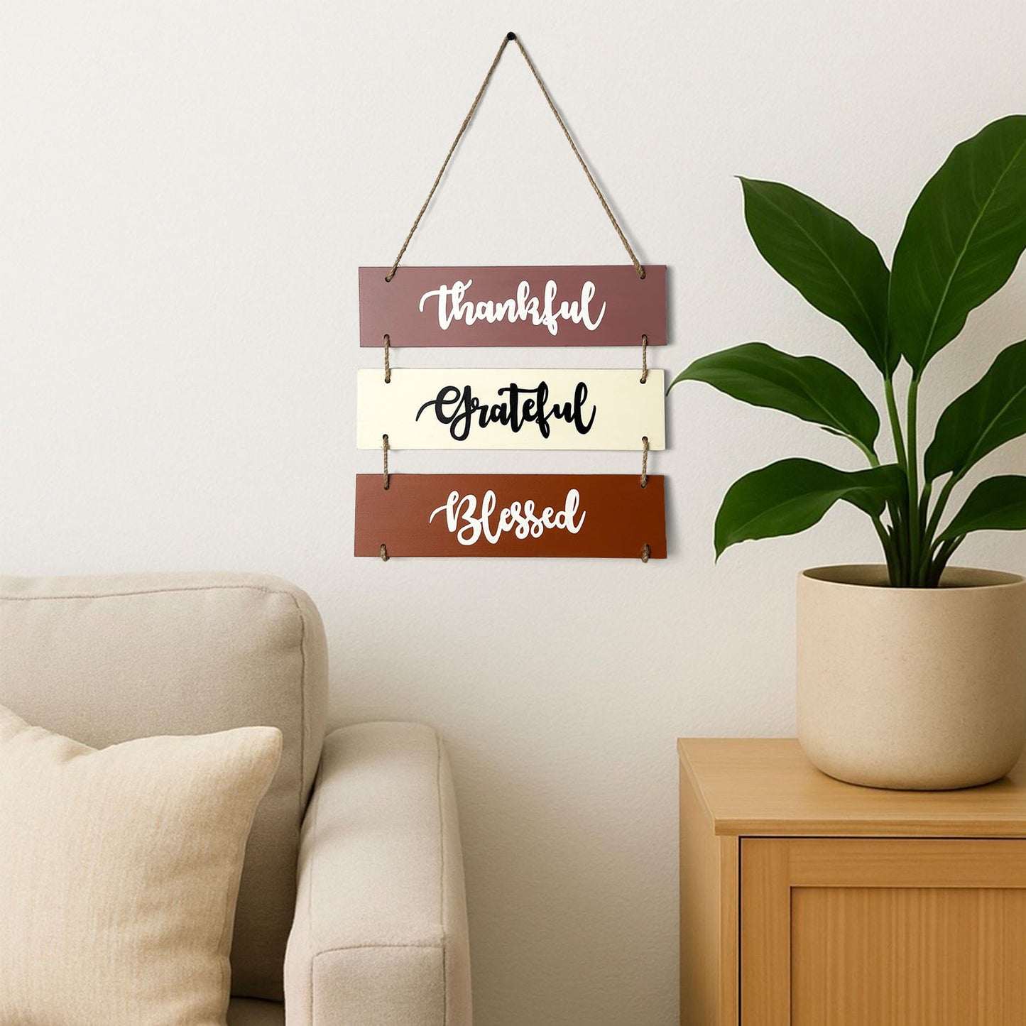 Thankful Grateful Blessed Hand-Painted Wooden Plank Wall Hanging