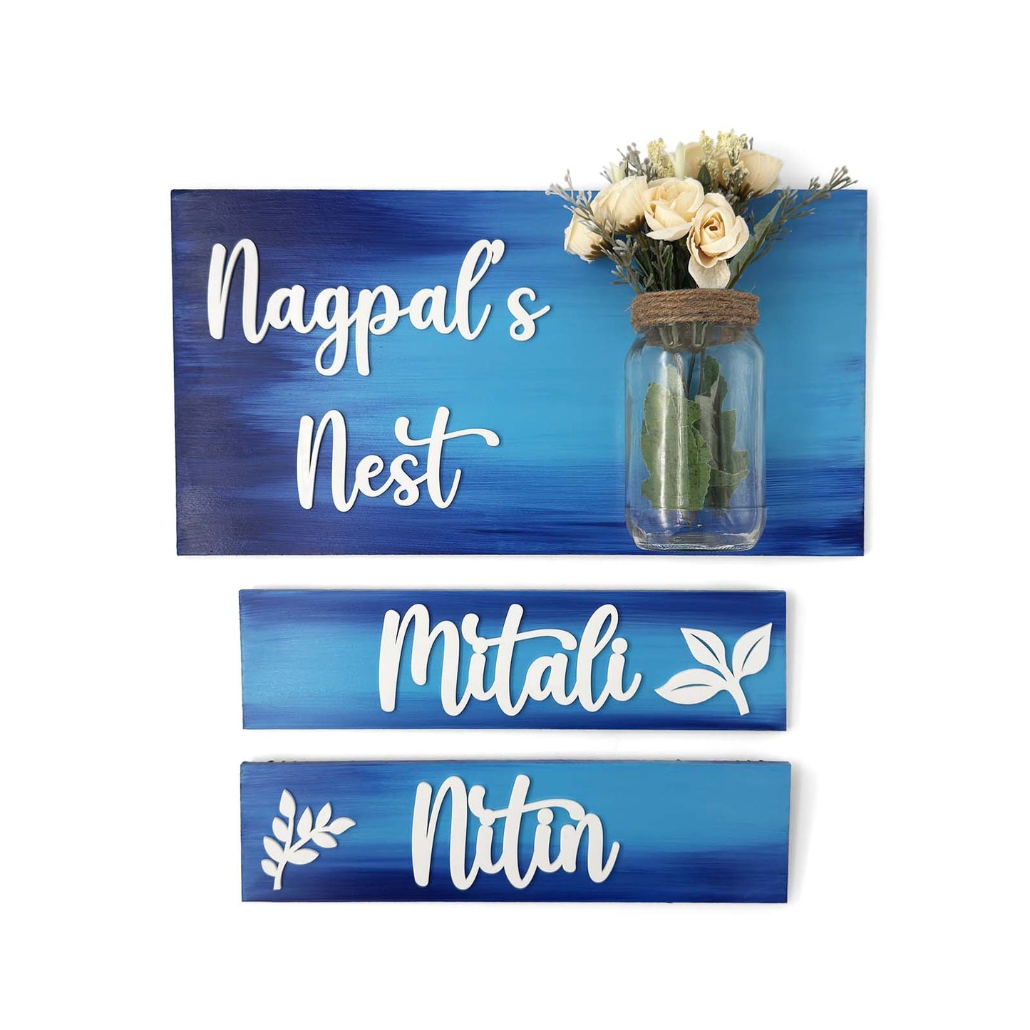 Hand-Painted Wooden Name Plate With Jar For Home - Jar Board & Two Planks