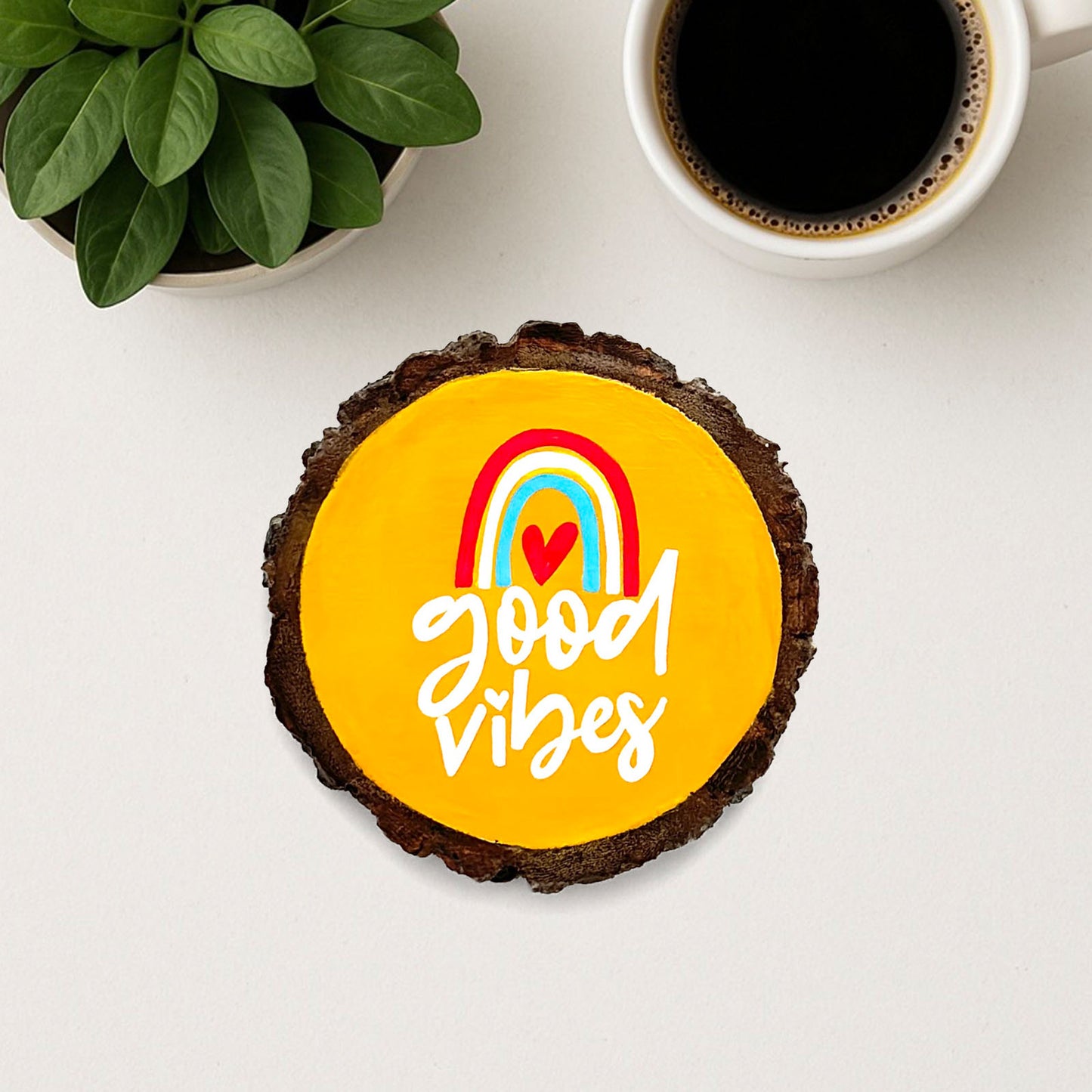 Good Vibes Hand-Painted Wooden Coaster- Yellow