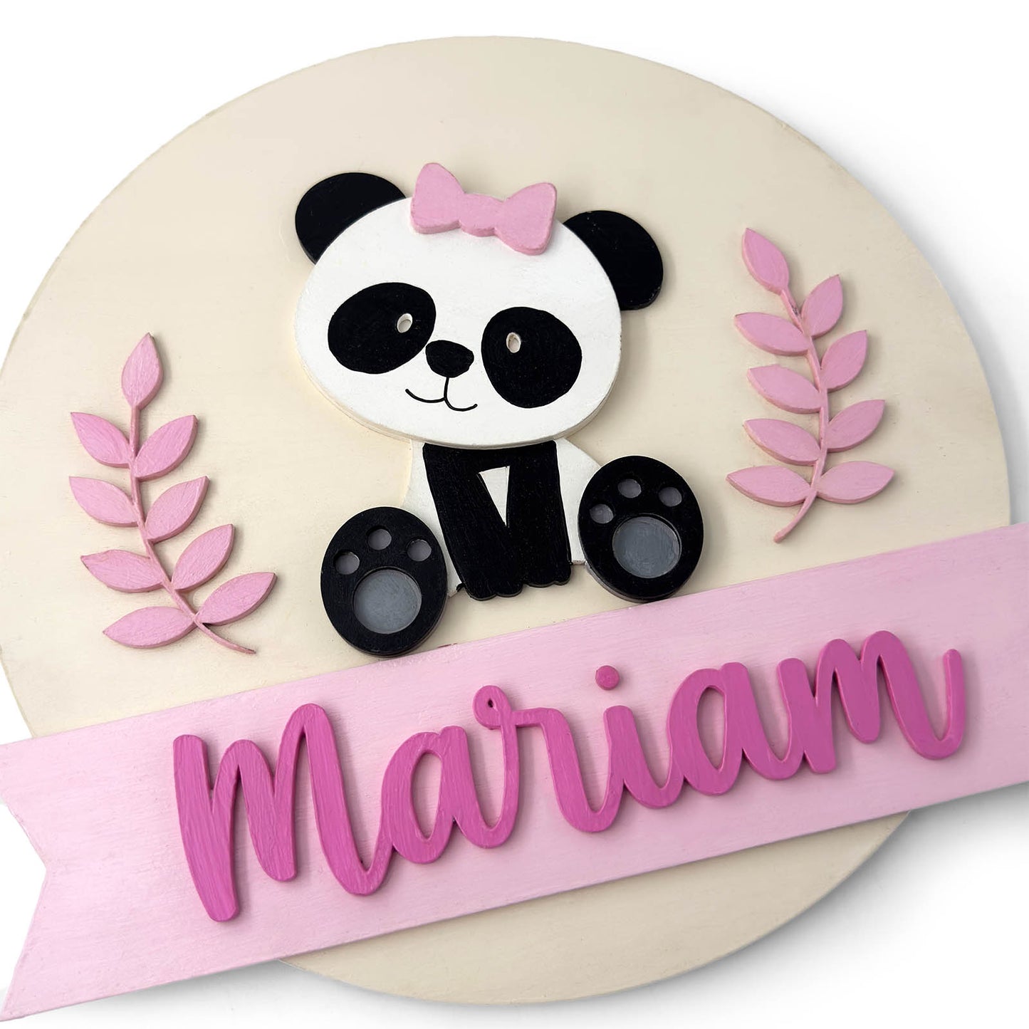 Panda Themed Hand-Painted Wooden Round Kids Name Plate - Design 1
