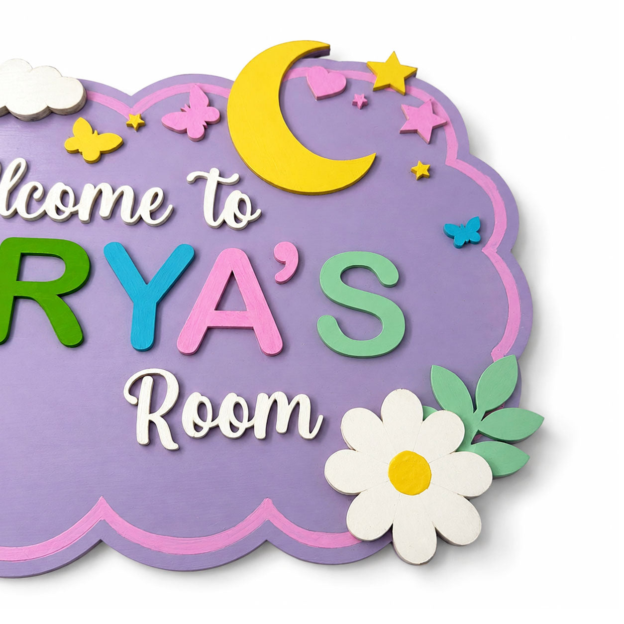 Rainbow & Flowers Themed Hand-Painted Wooden Scalloped Cloud Kids Name Plate - Design 1