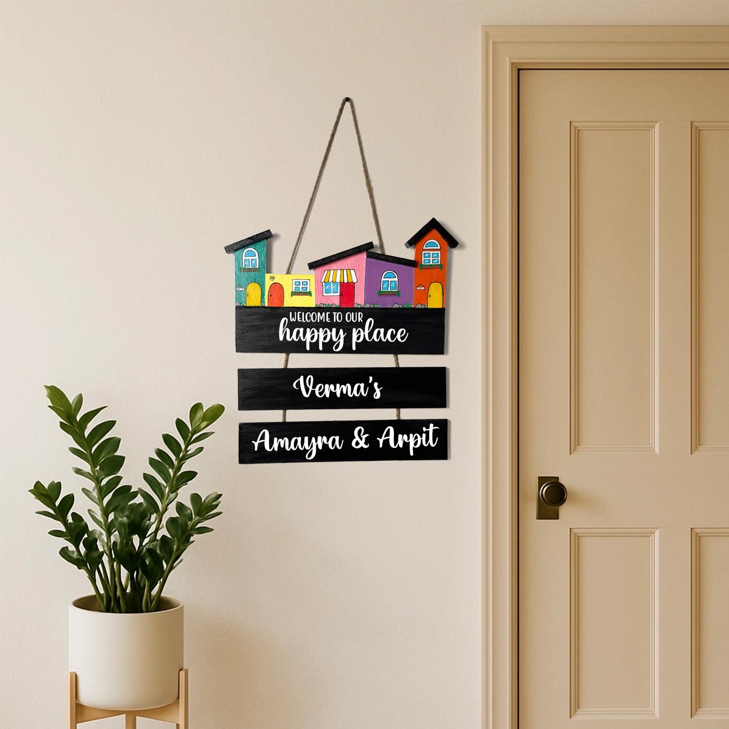 Hut-Shaped Hand-Painted Wooden Name Plate For Home - Hut Board & Two Planks Design 1