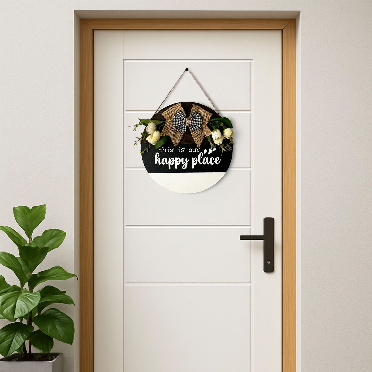 This Is Our Happy Place Hand-Painted Wooden Door Hanger - Black, White, & Wooden Finish