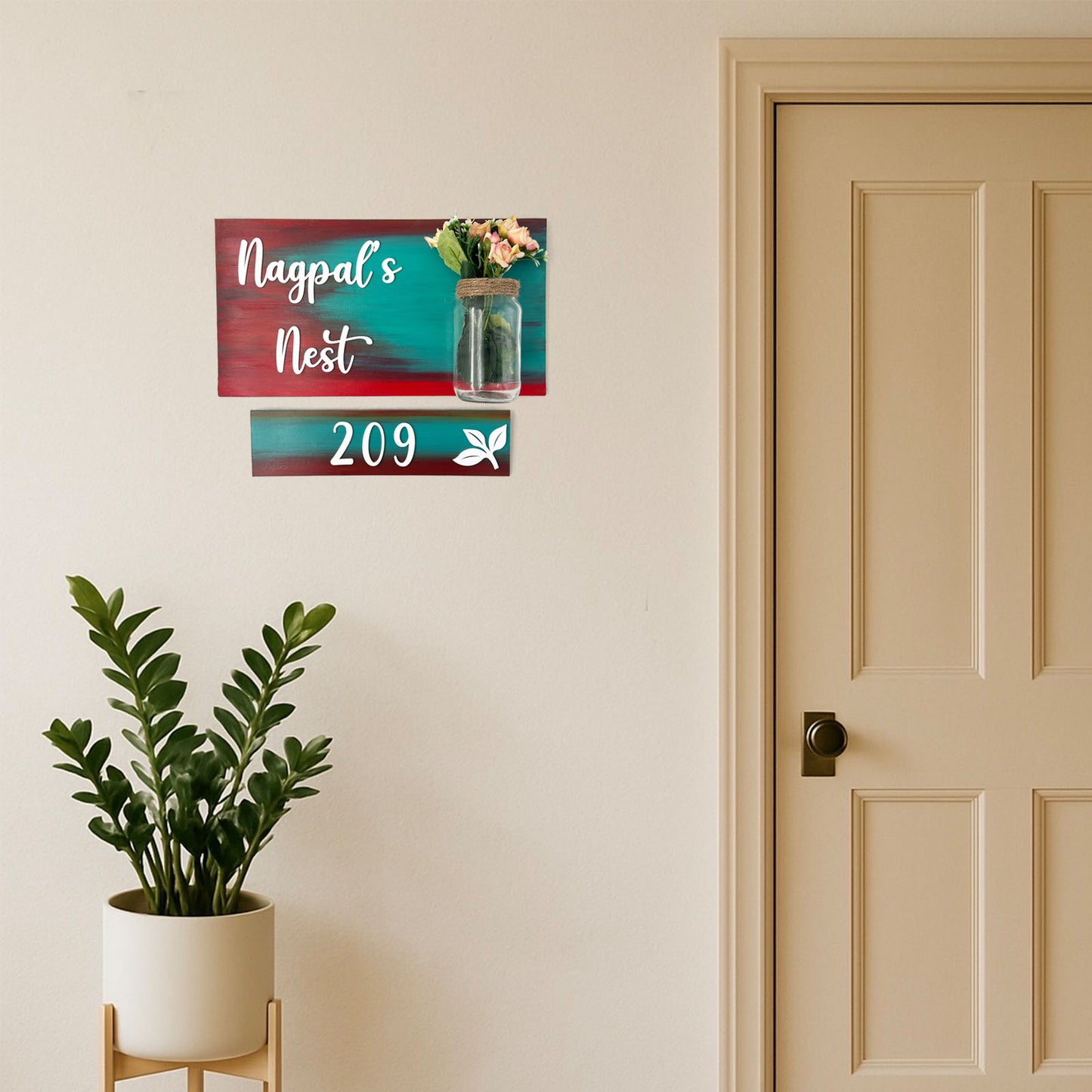 Hand-Painted Wooden Name Plate With Jar For Home - Jar Board & One Plank