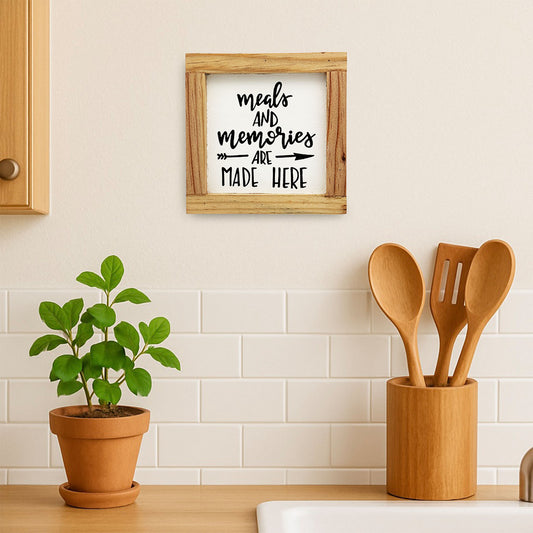Meals And Memories Are Made Here Hand-Painted Wooden Kitchen Wall Frame - Natural Wood