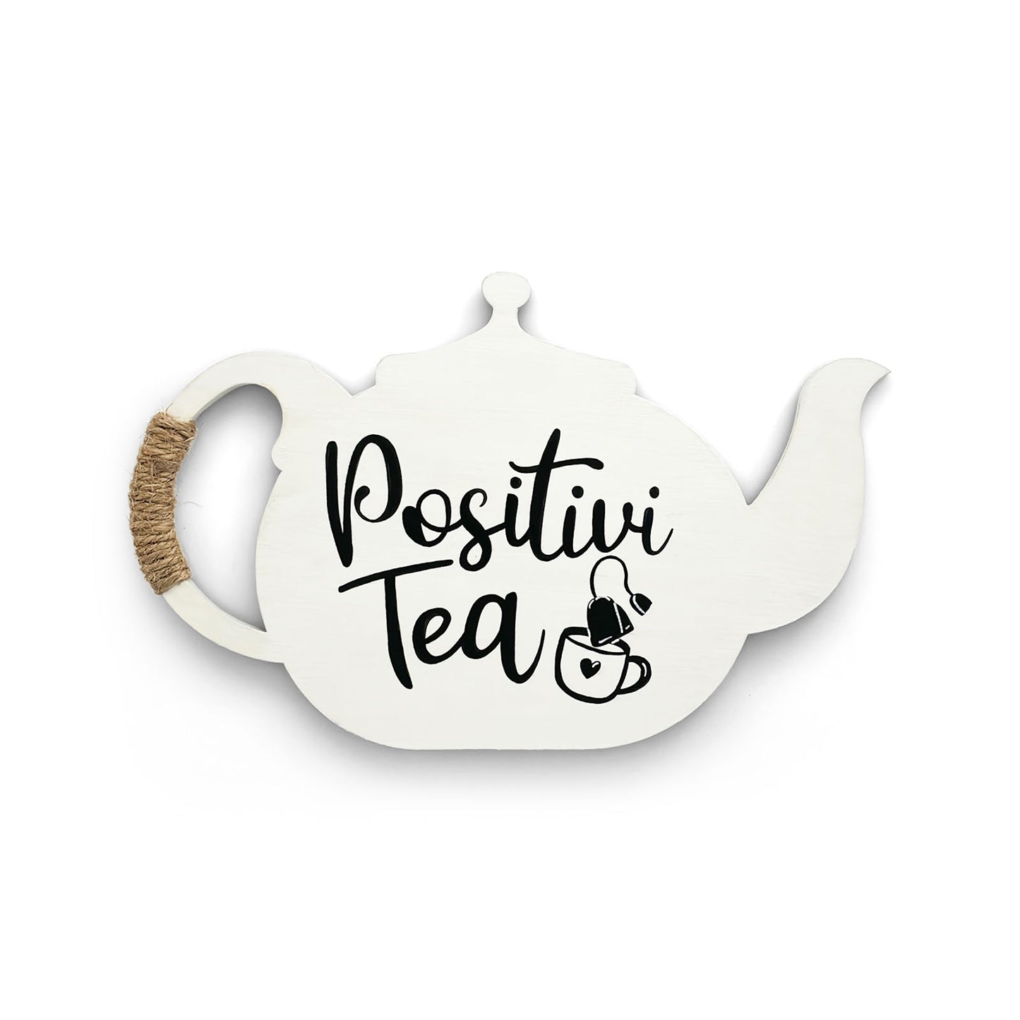 Positivi-Tea Hand-Painted Wooden Kettle Kitchen Wall Hanging - White