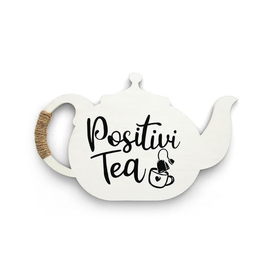 Positivi-Tea Hand-Painted Wooden Kettle Kitchen Wall Hanging - White