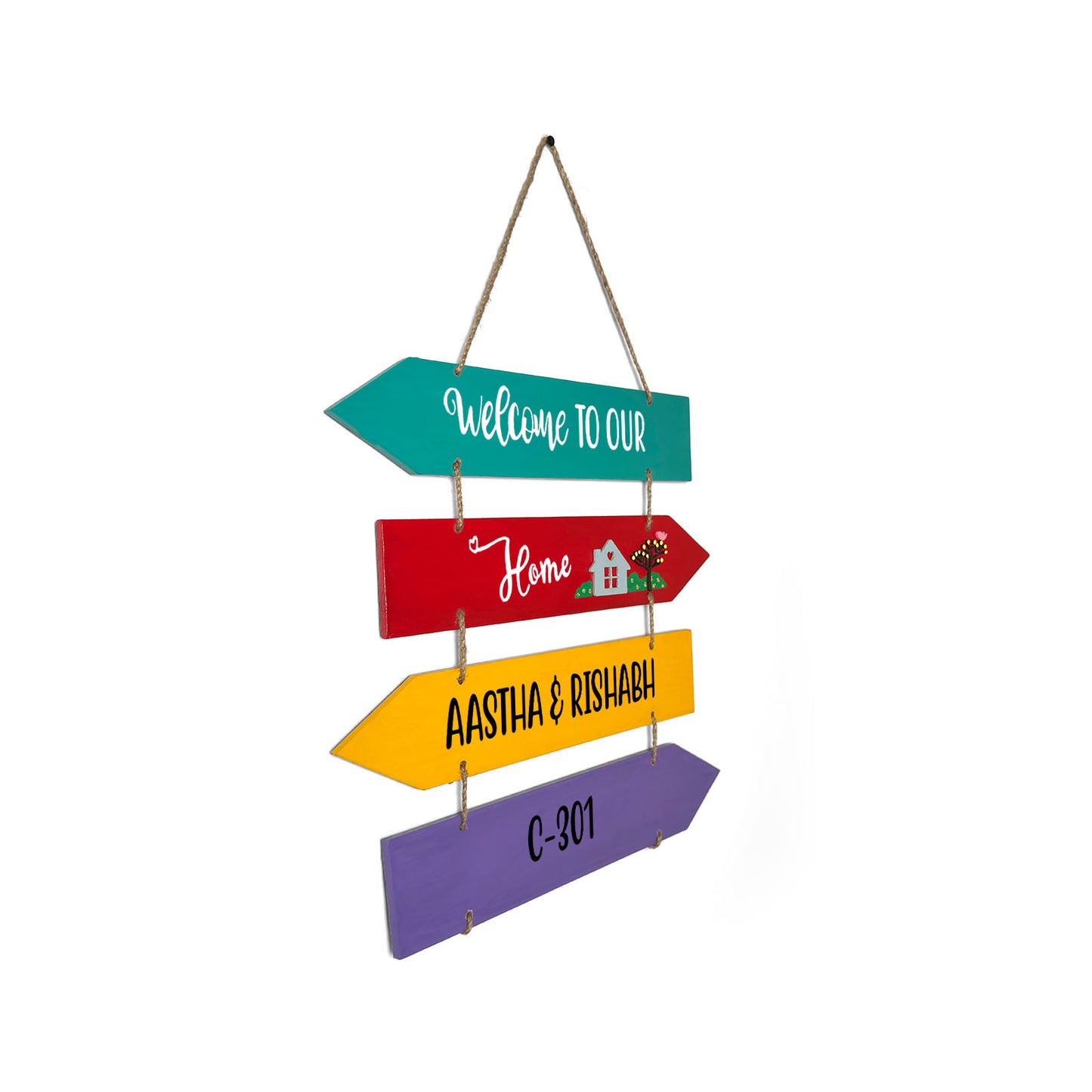 Welcome To Our Home Hand-Painted Wooden Four Arrow Plank Name Plate For Home - Multicolor