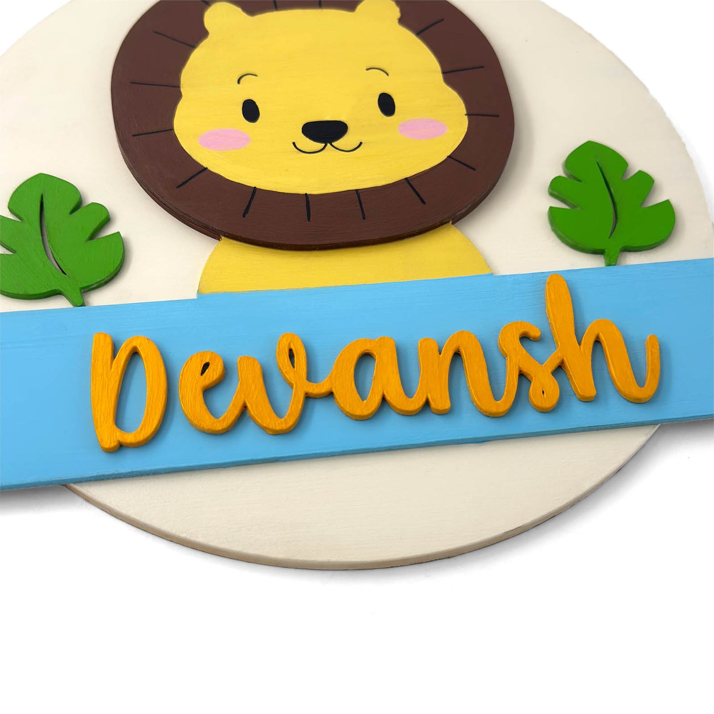 Lion Themed Hand-Painted Wooden Round Kids Name Plate - Design 1