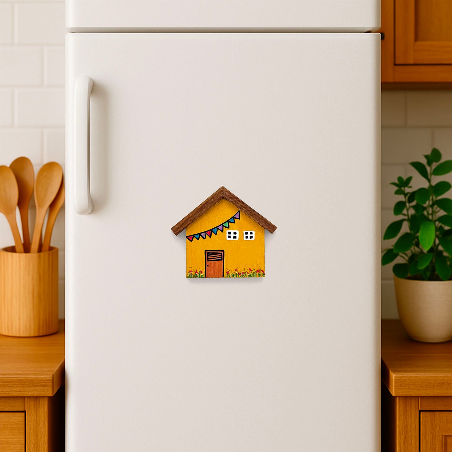 Hand-Painted Wooden Mini Hut Fridge Magnet - Yellow