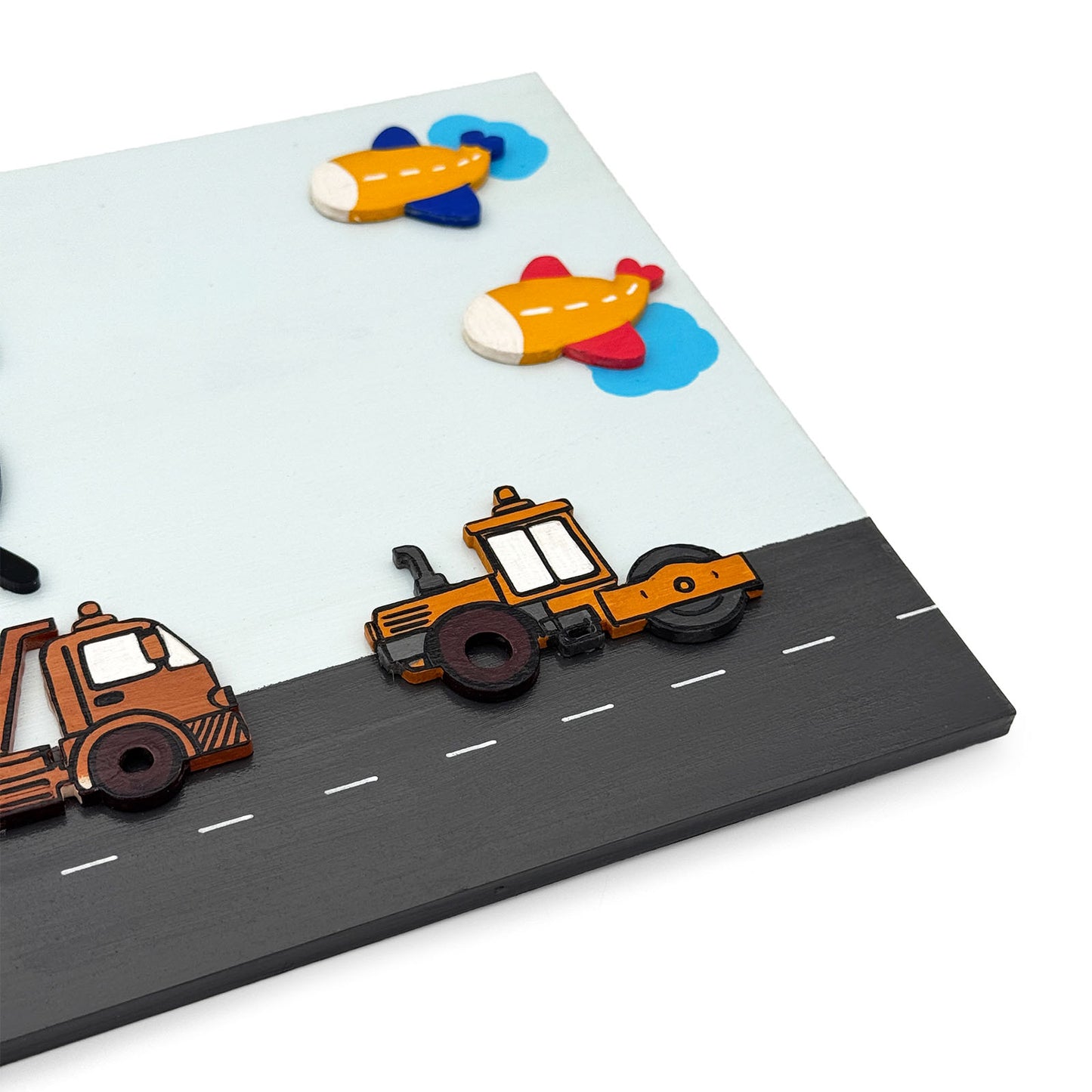 Construction Vehicles Themed Hand-Painted Wooden Kids Name Plate - Light Blue