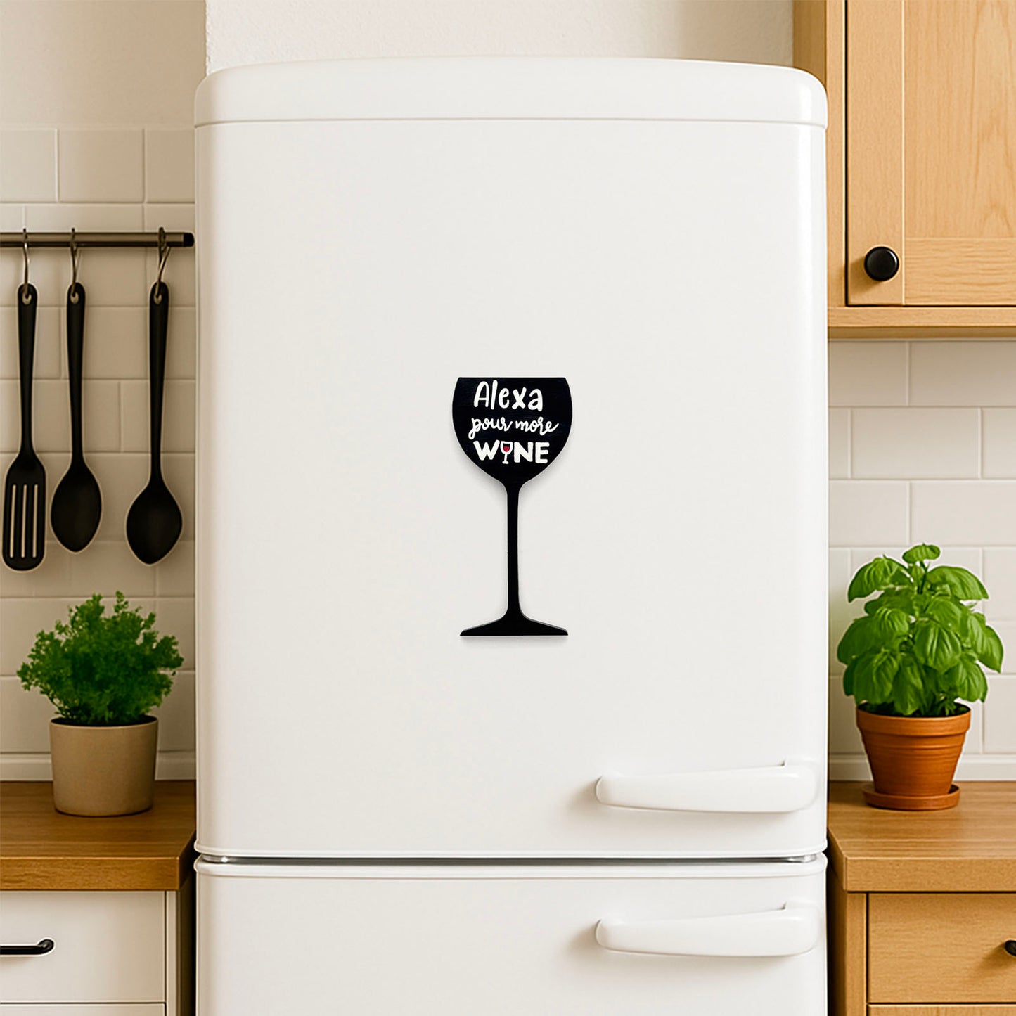 Alexa Pour More Wine Hand-Painted Wooden Wine Glass Fridge Magnet - Black