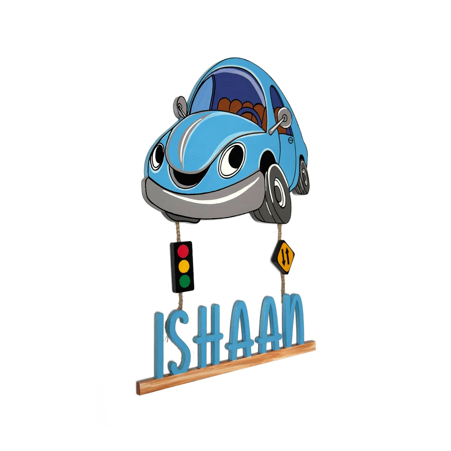 Car Themed Hand-Painted Wooden Kids Name Plate