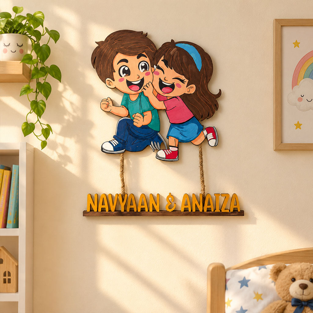 Siblings Brother Sister Themed Hand-Painted Wooden Kids Name Plate - Design 1