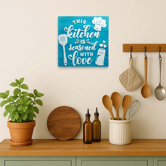 This Kitchen Is Seasoned With Love Hand-Painted Wooden Kitchen Wall Hanging - Blue