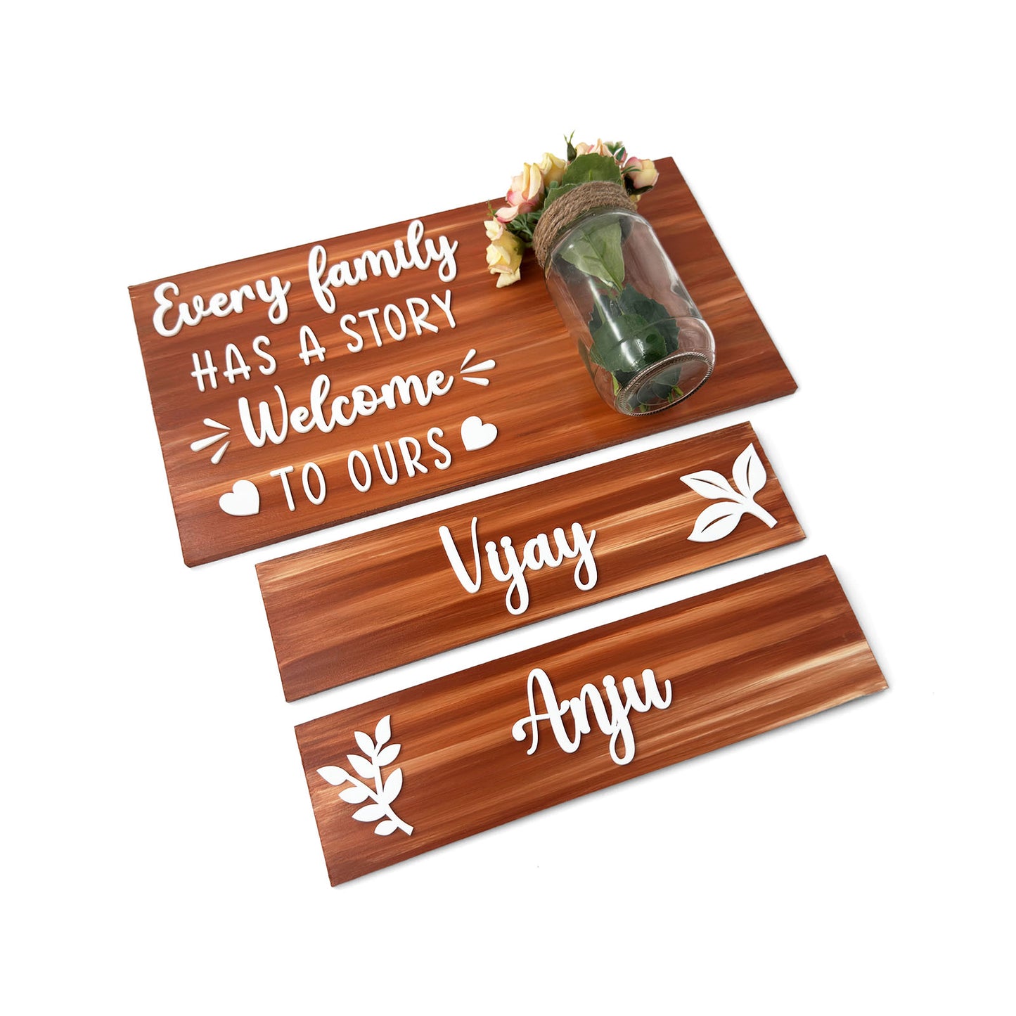 Every Family Has A Story Welcome To Ours Hand-Painted Wooden Name Plate With Jar For Home - Jar Board & Two Planks