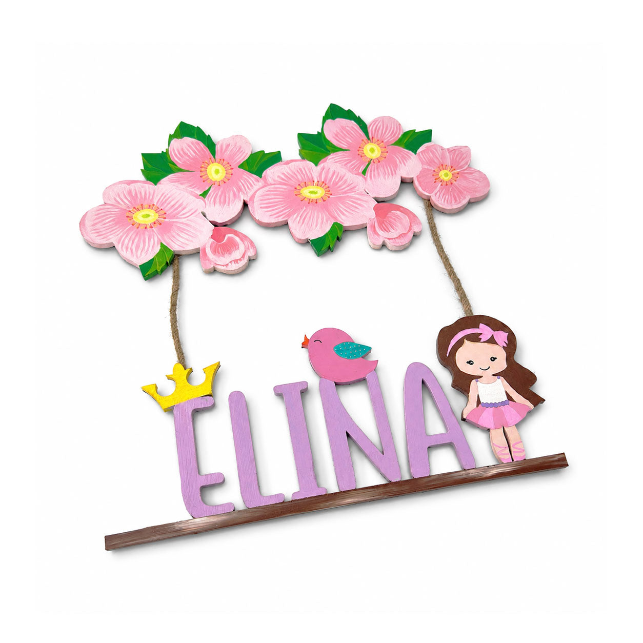 Flower Themed Hand-Painted Wooden Kids Name Plate - Design 1