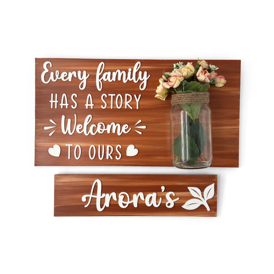 Every Family Has A Story Welcome To Ours Hand-Painted Wooden Name Plate With Jar For Home - Jar Board & One Plank
