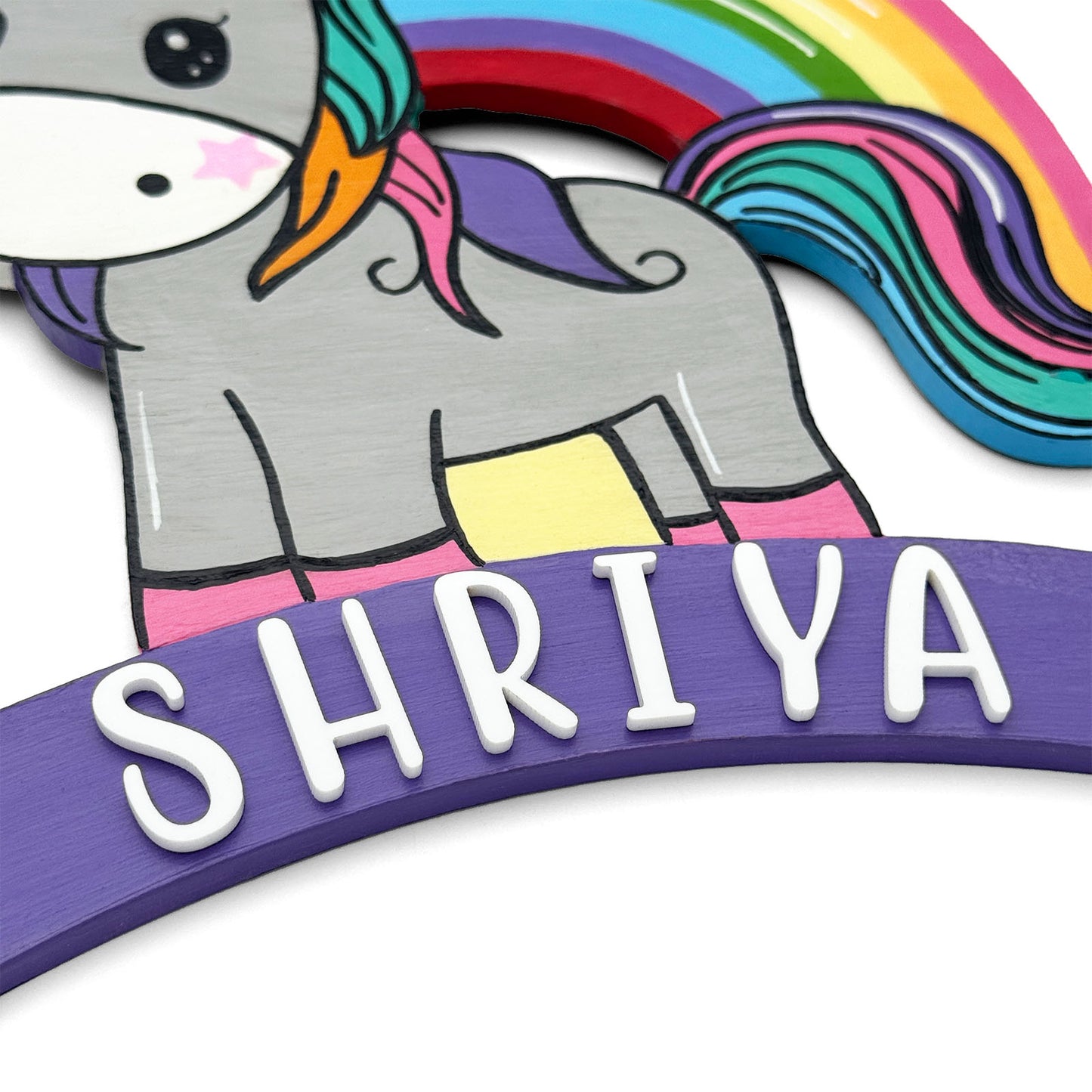 Unicorn Themed Hand-Painted Wooden Kids Name Plate -  Purple