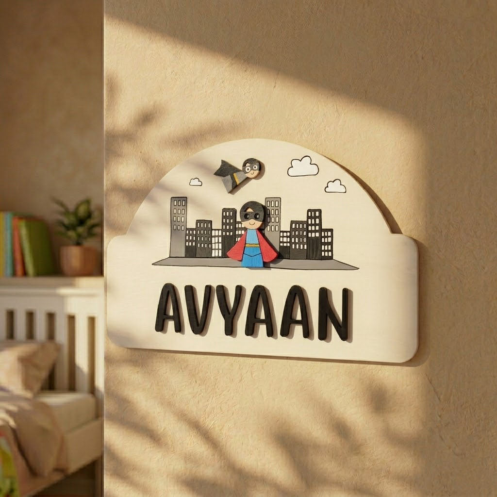 Superhero Themed Hand-Painted Wooden Arch-Shaped Kids Name Plate