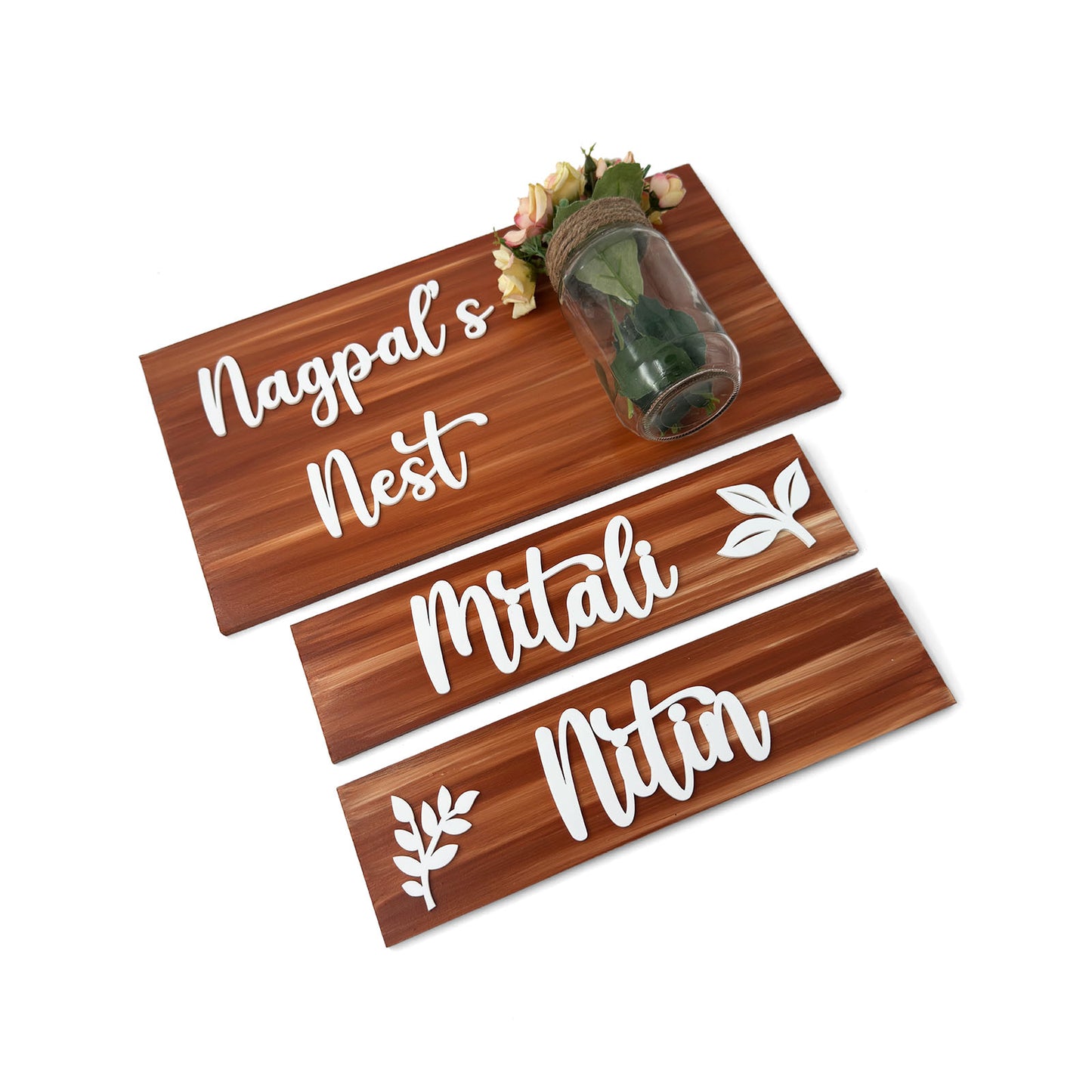 Hand-Painted Wooden Name Plate With Jar For Home - Jar Board & Two Planks