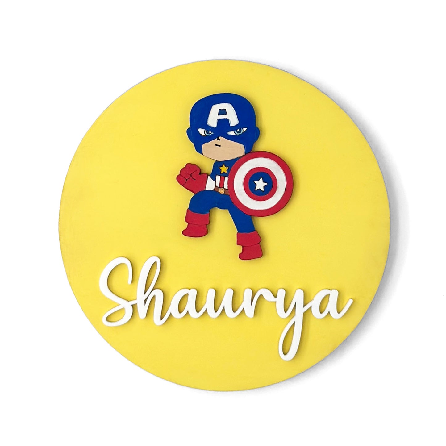 Captain America Themed Hand-Painted Wooden Name Plate For Kids